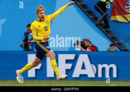 Emil Forsberg of Sweden national team celebrates his goal during the 2018 FIFA World Cup Russia Round of 16 match between Sweden and Switzerland on July 3, 2018 at Saint Petersburg Stadium in Saint Petersburg, Russia. (Photo by Mike Kireev/NurPhoto) Stock Photo