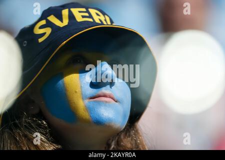 Sweden supporter during the 2018 FIFA World Cup Russia Round of 16 match between Sweden and Switzerland on July 3, 2018 at Saint Petersburg Stadium in Saint Petersburg, Russia. (Photo by Mike Kireev/NurPhoto) Stock Photo