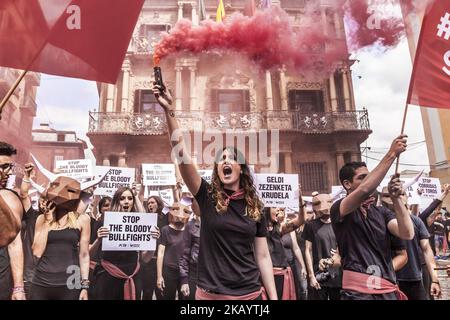 Protest against animal cruelty in bull fightings before San Fermin celebrations in Pamplona, Spain. (Photo by Celestino Arce/NurPhoto) Stock Photo