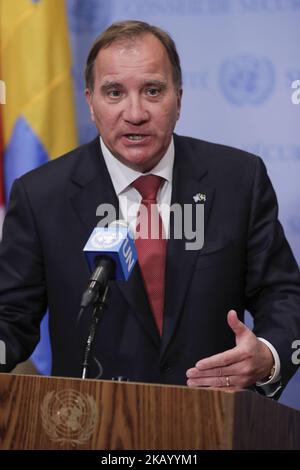 United Nations, New York, USA, July 09 2018 - Stefan Lofven, Prime Minister of Sweden and President of the Security Council for the month of July, briefs press before the Security Council meeting on Children and armed conflict today at the UN Headquarters in New York City. (Photo by Luiz Rampelotto/NurPhoto) Stock Photo