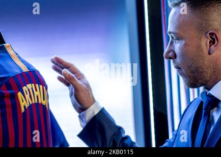 Brazilian midfield Arthur Henrique Ramons de Oliveira Melo is presented as new FC Barcelona's player at Camp Nou staium on Barcelona, Catalonia, Spain in July 12, 2018. (Photo by Miquel Llop/NurPhoto) Stock Photo