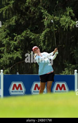 Perrine Delacour of France tees off on the 6th tee during the first round of the Marathon LPGA Classic golf tournament at Highland Meadows Golf Club in Sylvania, Ohio USA, on Thursday, July 12, 2018. (Photo by Jorge Lemus/NurPhoto) Stock Photo