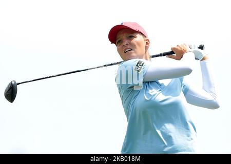 Perrine Delacour of France tees off on the 7th tee during the first round of the Marathon LPGA Classic golf tournament at Highland Meadows Golf Club in Sylvania, Ohio USA, on Thursday, July 12, 2018. (Photo by Jorge Lemus/NurPhoto) Stock Photo