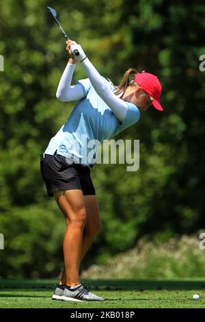 Perrine Delacour of Paris, France hits from the 2nd tee during the first round of the Marathon LPGA Classic golf tournament at Highland Meadows Golf Club in Sylvania, Ohio USA, on Sunday, July 12, 2018. (Photo by Amy Lemus/NurPhoto) Stock Photo