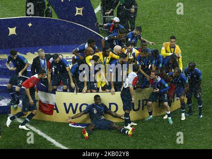 France v Croatia - FIFA World Cup Russia 2018 Final Paul Pogba (France) celebrates with the teammates and the trophy during the award ceremony at Luzhniki Stadium in Moscow, Russia on July 15, 2018. (Photo by Matteo Ciambelli/NurPhoto)  Stock Photo