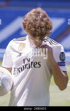 Real Madrid's new player Alvaro Odriozola during his official presentation at the Santiago Bernabeu stadium in Madrid on July 18, 2018. (Photo by Oscar Gonzalez/NurPhoto) Stock Photo