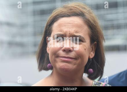 Leader of Sinn Fein party, Mary Lou McDonald, calls on MP Ian Paisley Jr to resign during a press conference outside Leinster House in Dublin. The DUP North Antrim MP Ian Paisley breached Westminister rules and is facing a suspension from the House of Commons for 30 sitting days for failing to detail two family holidays paid for by the Sri Lankan government. On Wednesday, July 18, 2018, in Dublin, Ireland. (Photo by Artur Widak/NurPhoto)  Stock Photo