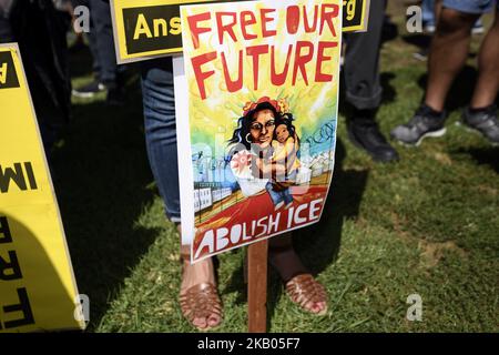 Activists gather to protest ICE and the Trump administrationâ€™s immigration and detention policies in Los Angeles, California on July 21, 2018. Protesters demanded the reunification of detained migrant children with their parents and organizers of the Families Belong Together March called to abolish ICE. (Photo by Ronen Tivony/NurPhoto) Stock Photo