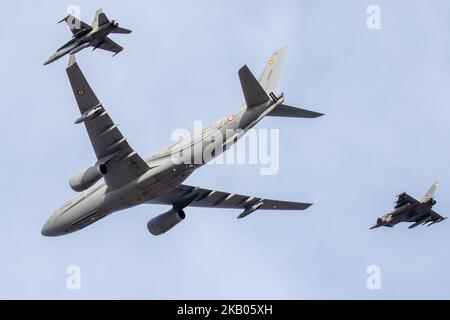 French Tanker and Spanish Air Force Hornet and Typhoon overflying Gando Air Base after a mission during the SIRIO 22 Exercise. Stock Photo