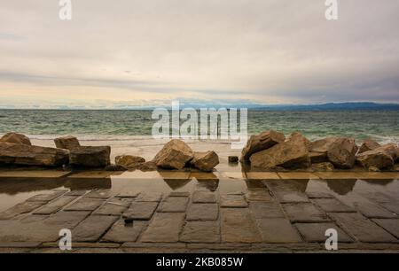 High water on the waterfront of Piran town in Slovenia in mid September Stock Photo