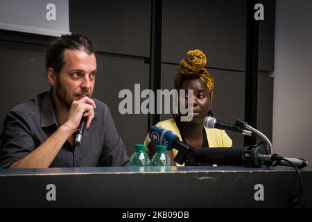 Roberto Vivianiwith Paule Yao during the Baobab Experience, the association that assists and supports homeless migrants in Rome, denounced Interior Minister Matteo Salvini for 'inciting racial hatred'. In a press conference on August 03, 2018 in Rome, Italy, the association's president, Roberto Viviani, explained the reasons: 'We are here to say loudly that even a single case of racially motivated violence is an emergency. The boys who are in our garrison are frightened, discriminatory acts are also the order of the day in Rome,' explained Viviani. 'The lawsuit is based on a ruling by the Supr Stock Photo