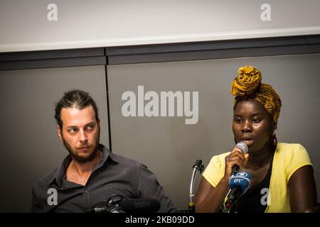 Roberto Vivianiwith Paule Yao during the Baobab Experience, the association that assists and supports homeless migrants in Rome, denounced Interior Minister Matteo Salvini for 'inciting racial hatred'. In a press conference on August 03, 2018 in Rome, Italy, the association's president, Roberto Viviani, explained the reasons: 'We are here to say loudly that even a single case of racially motivated violence is an emergency. The boys who are in our garrison are frightened, discriminatory acts are also the order of the day in Rome,' explained Viviani. 'The lawsuit is based on a ruling by the Supr Stock Photo