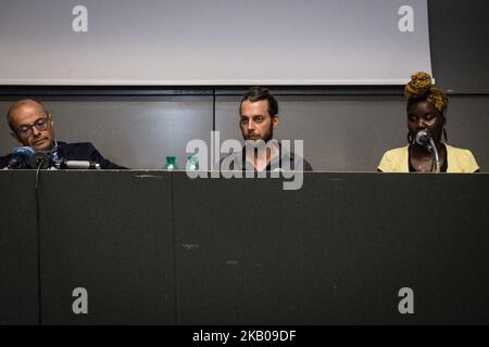 Francesco Romeo and Roberto Viviani,Paule Yao during the Baobab Experience, the association that assists and supports homeless migrants in Rome, denounced Interior Minister Matteo Salvini for 'inciting racial hatred'. In a press conference on August 03, 2018 in Rome, Italy, the association's president, Roberto Viviani, explained the reasons: 'We are here to say loudly that even a single case of racially motivated violence is an emergency. The boys who are in our garrison are frightened, discriminatory acts are also the order of the day in Rome,' explained Viviani. 'The lawsuit is based on a ru Stock Photo