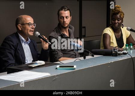 Francesco Romeo and Roberto Viviani,Paule Yao during the Baobab Experience, the association that assists and supports homeless migrants in Rome, denounced Interior Minister Matteo Salvini for 'inciting racial hatred'. In a press conference on August 03, 2018 in Rome, Italy, the association's president, Roberto Viviani, explained the reasons: 'We are here to say loudly that even a single case of racially motivated violence is an emergency. The boys who are in our garrison are frightened, discriminatory acts are also the order of the day in Rome,' explained Viviani. 'The lawsuit is based on a ru Stock Photo