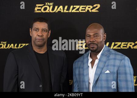 American actor Denzel Washington and American director Antoine Fuqua attends to presentation of the film 'The Equalizer 2' at Villa Magna Hotel in Madrid, Spain. August 07, 2018 (Photo by Peter Sabok/COOLMedia/NurPhoto) Stock Photo