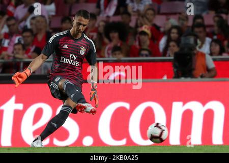 Benfica's German goalkeeper Odisseas Vlachodimos in action during the UEFA Champions League 3rd Qualifying Round first leg match Benfica vs Fenerbahce at the Luz Stadium in Lisbon, Portugal on August 7, 2018. ( Photo by Pedro FiÃºza/NurPhoto) Stock Photo