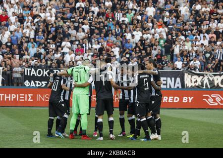 The team of PAOK before the game. PAOK vs Spartak Moscow 3-2 for Champions League third qualifying round. PAOK defeated Spartak from Moscow in Toumba Stadium in Thessaloniki, Greece with score 3-2. The first two goals achieved from Spartak, from Ivelin Popov at 7' and Quincy Promes at 17. PAOK hit back at 29' with Aleksander Prijovic with a penalty, Dimitris Limnios at 37' and Dimitris Pelkas at 44'. Spartak also lost a penalty as PAOK's goalkeeper successfully saved by Alexandros Paschalakis , penalty was hit by Quincy Promes. (Photo by Nicolas Economou/NurPhoto) Stock Photo