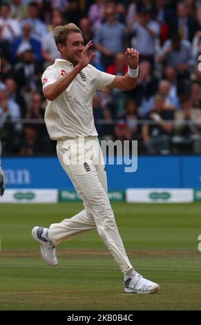 England's Stuart Broad celebrates after bowling out Cheteshwar Pujara of Indiaof India during International Test Series 2nd Test 4th day match between England and India at Lords Cricket Ground, London, England on 12 August 2018. (Photo by Action Foto Sport/NurPhoto) Stock Photo