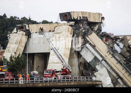 Rescue workers at the Morandi bridge which collapsed on August 14, 2018 in Genoa, Italy. At at least 22 people have died when a large section of Morandi bridge built in the 1960s and part of the A10 motorway suddenly collapsed during a fierce storm sending vehicles falling up to 90m to the ground. (Photo by Fabio Palli/NurPhoto) Stock Photo