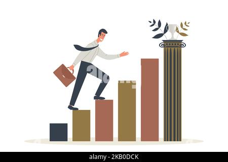 Businessman with briefcase runs up steps to his goal, motivation to move up career ladder, path to achieving pinnacle и cup.Vector illustration Stock Vector