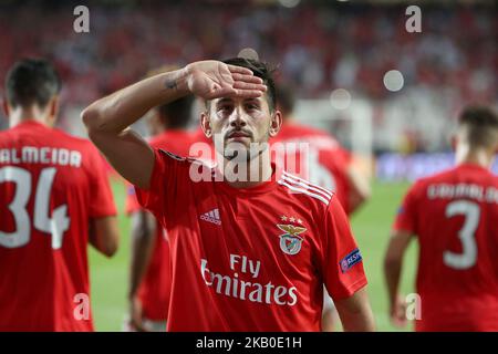 Benfica's Portuguese midfielder Pizzi celebrates after scoring a goal during the UEFA Champions League play-off first leg match SL Benfica vs PAOK FC at the Luz Stadium in Lisbon, Portugal on August 21, 2018. (Photo by Pedro FiÃºza/NurPhoto) Stock Photo