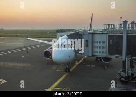 Air Serbia as seen on August 21 2018 in Belgrade, Serbia, the flag carrier of the country. The airline operates a 21 aircraft fleet from the main hub Nikola Tesla International Airport in Belgrade, Serbia. The airline is owned by the Government of Serbia and Etihad Airways as Etihad acquired a 49% stake in Jat Airways, the former name of Air Serbia. The airline owns a subsidiary airline called Aviolet. Today's fleet consists of 21 aircrafts and an order of 10 new Airbus A320neo. Currently, they serve 8 Airbus A319, 2 Airbus A320, 3 ATR 72-200, 3 ATR 72-500, 4 Boeing 737-300 and one wide body  Stock Photo