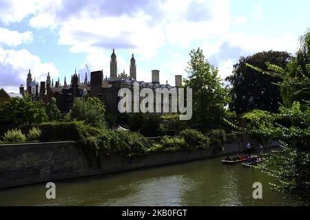 Boats on the river Cam are pictured in Cambridge, on August 25, 2018. Cambridge is home to the world-renowned University of Cambridge, which was founded in 1209. The university includes King's College Chapel, Cavendish Laboratory, and the Cambridge University Library, one of the largest legal deposit libraries in the world. The city's skyline is dominated by several college buildings, along with the spire of the Our Lady and the English Martyrs Church, the chimney of Addenbrooke's Hospital and St John's College Chapel tower. Anglia Ruskin University, evolved from the Cambridge School of Art an Stock Photo