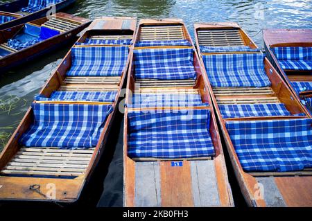 Boats on the river Cam are pictured in Cambridge, on August 25, 2018. Cambridge is home to the world-renowned University of Cambridge, which was founded in 1209. The university includes King's College Chapel, Cavendish Laboratory, and the Cambridge University Library, one of the largest legal deposit libraries in the world. The city's skyline is dominated by several college buildings, along with the spire of the Our Lady and the English Martyrs Church, the chimney of Addenbrooke's Hospital and St John's College Chapel tower. Anglia Ruskin University, evolved from the Cambridge School of Art an Stock Photo