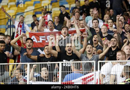 KYIV, UKRAINE - AUGUST 28, 2018: AFC Ajax Players Listen To Champions League  Anthem Before The UEFA Champions League Play-off Game Against FC Dynamo  Kyiv At NSC Olimpiyskyi Stadium In Kyiv, Ukraine