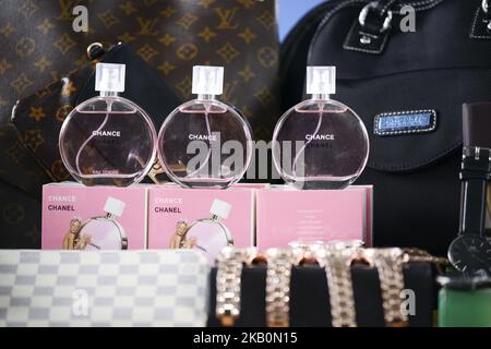 Counterfeit goods on display during a media briefing at Customs department in Bangkok, Thailand, 02 September 2018. (Photo by Anusak Laowilas/NurPhoto) Stock Photo