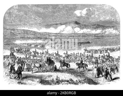 Queen Victoria and her husband Prince Albert reviewing troops on the Curragh, County Kildare, during the monarch's third trip to Ireland in 1861. Their eldest son was in Ireland undergoing military training at the Curragh in Co. Kildare. Whilst in Dublin the family stayed at the Vice Regal Lodge, which is now known as Arás an Uachtaráin in Dublin's Phoenix Park. Stock Photo