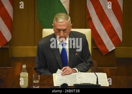 US Secretary of Defense Jim Mattis as they present statements to the media following a meeting with their Indian counterparts in New Delhi on September 6, 2018. (Photo by Indraneel Chowdhury/NurPhoto) Stock Photo