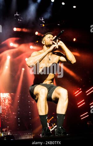 Dan Reynolds of the american alternative rock band Imagine Dragons performing live at Milano Rocks 2018 at Area Expo Experience Rho Milan Italy, on September 6, 2018. (Photo by Roberto Finizio/NurPhoto) Stock Photo
