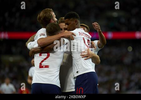 Marcus Rashford of England celebrates goal with team mates during the UEFA Nations League football match between England and Spain at Wembley Stadium in London on September 8, 2018. (Photo by Jose Breton/NurPhoto) Stock Photo