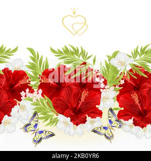 Floral border seamless background red hibiscus tropical flowers  with jasmine flowers and butterfly vintage  vector Illustration for use in interior d Stock Vector
