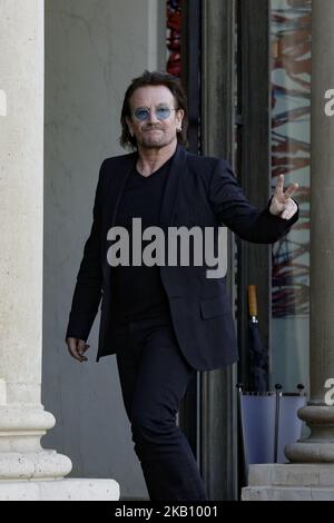 Irish lead singer of rock band U2, Paul David Hewson aka Bono arrives at the Elysee Palace, in Paris, ahead of a meeting with French President, on September 10, 2018. Emmanuel Macron received U2 singer Bono, co-founder of the NGO One, to discuss aid development and a partnership between Europe and Africa. (Photo by Geoffroy Van der Hasselt/NurPhoto) Stock Photo