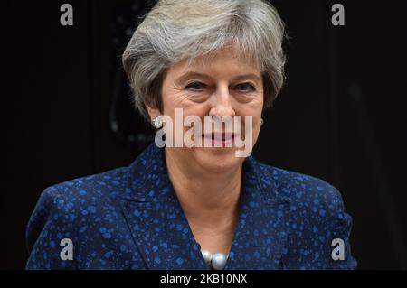 British Prime Minister Theresa May leaves 10 Downing Street as she makes her way to the Parliament to attend weekly Prime Minister Questions session (PMQs) in London, UK on September 12, 2018. (Photo by Alberto Pezzali/NurPhoto) Stock Photo