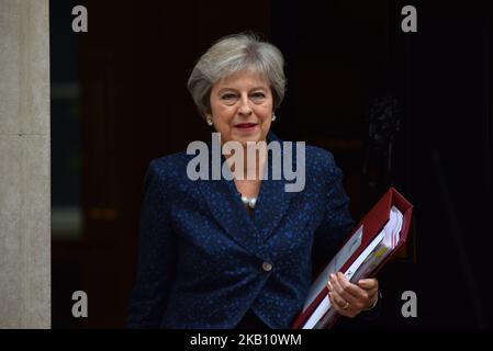British Prime Minister Theresa May leaves 10 Downing Street as she makes her way to the Parliament to attend weekly Prime Minister Questions session (PMQs) in London, UK on September 12, 2018. (Photo by Alberto Pezzali/NurPhoto) Stock Photo