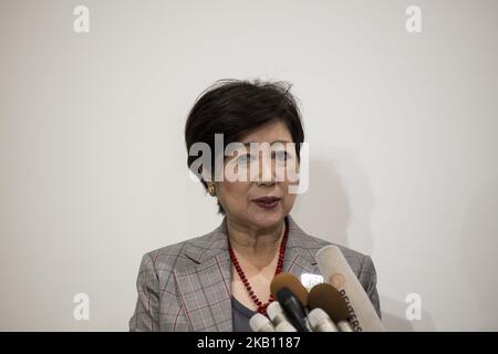 Tokyo Governor Yuriko Koike, responds to journalists' questions during the opening ceremony for new site of Tokyo's fish market which will officially open to the public next month, in Tokyo Thursday, Sept. 13, 2018. Tokyo's hugely popular Tsukiji fish market will be closed for up to five years while it is modernized and turned into a food them park. The fish market's move to Toyosu was originally scheduled for last year but has been delayed due to contamination of underground water at the new complex. (Photo by Alessandro Di Ciommo/NurPhoto) Stock Photo