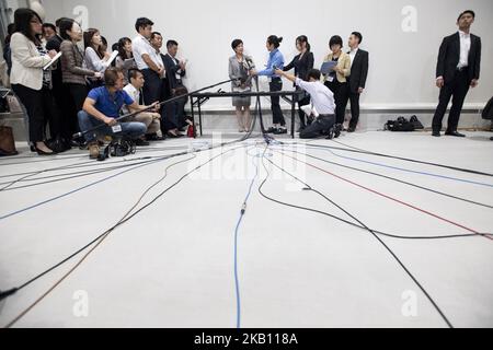 Tokyo Governor Yuriko Koike, responds to journalists' questions during the opening ceremony for new site of Tokyo's fish market which will officially open to the public next month, in Tokyo Thursday, Sept. 13, 2018. Tokyo's hugely popular Tsukiji fish market will be closed for up to five years while it is modernized and turned into a food them park. The fish market's move to Toyosu was originally scheduled for last year but has been delayed due to contamination of underground water at the new complex. (Photo by Alessandro Di Ciommo/NurPhoto) Stock Photo