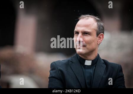 Monsignor Melchor Sanchez de Toca during Press Conference Presentation at the Colosseum of the II Rome Half Marathon Via Pacis, the half religious marathon for peace, scheduled for September 23rd held on September 13, 2018 in Rome, Italy. (Photo by Andrea Ronchini/NurPhoto) Stock Photo