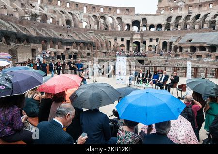 Press Conference Presentation at the Colosseum of the II Rome Half Marathon Via Pacis, the half religious marathon for peace, scheduled for September 23rd held on September 13, 2018 in Rome, Italy. (Photo by Andrea Ronchini/NurPhoto) Stock Photo