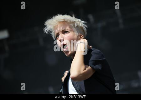French singer Jeanne Added (C) performs on stage during the Festival of Humanity (Fete de l'Humanité), a political event and music festival organised by the French Communist party (PCF) on September 15, 2018 in La Courneuve, outside Paris. (Photo by Michel Stoupak/NurPhoto) Stock Photo