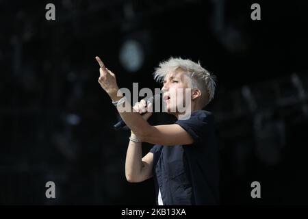 French singer Jeanne Added (C) performs on stage during the Festival of Humanity (Fete de l'Humanité), a political event and music festival organised by the French Communist party (PCF) on September 15, 2018 in La Courneuve, outside Paris. (Photo by Michel Stoupak/NurPhoto) Stock Photo