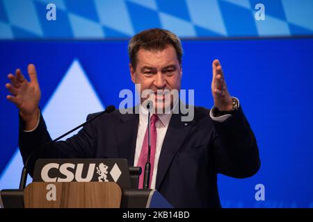 The Bavarian Ministerpraesident (Governor) and top candidate of the CSU Markus Soeder held a speech at the CSU party congress in Munich, Germany, on 15 September 2018. It will discuss about the coming Bavarian State elections on October 14th. (Photo by Alexander Pohl/NurPhoto) Stock Photo