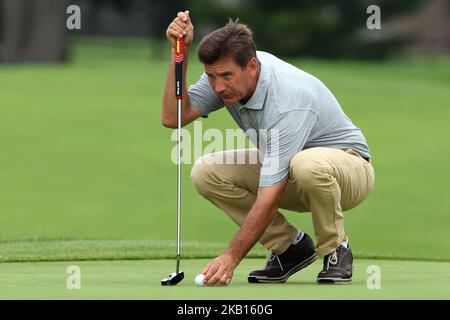 Gibby Gilbert III of Hixson, Tennessee places his ball on the 2nd green during the second round of the The Ally Challenge golf tournament presented by McLaren at Warwick Hills Golf & Country Club in Grand Blanc, MI, USA Saturday, September 15, 2018. (Photo by Amy Lemus/NurPhoto) Stock Photo