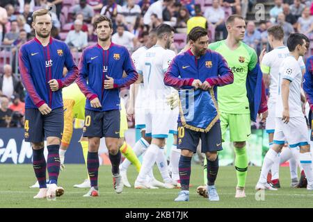 FC Barcelona forward Lionel Messi (10), FC Barcelona midfielder Ivan Rakitic (4), FC Barcelona midfielder Sergi Roberto (20) and FC Barcelona goalkeeper Marc-Andre ter Stegen (1) during the UEFA Champions League match between FC Barcelona and PSV Eindhoven at Camp Nou Stadium corresponding of matchday 1, group B on September 18, 2018 in Barcelona, Spain. (Photo by Urbanandsport/NurPhoto) Stock Photo