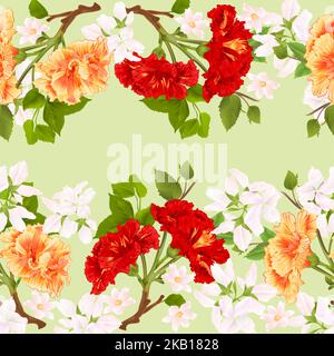 Floral border seamless background horizontal branches yellow and red hibiscus tropical flowers   vintage  vector Illustration for use in interior desi Stock Vector