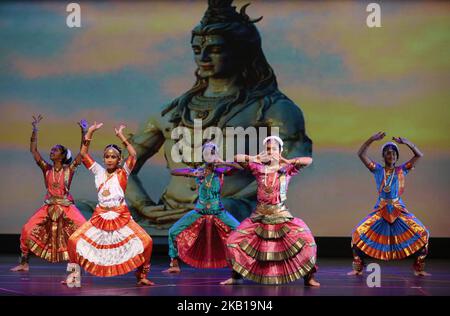 Students from the Nritya Kala Mandir School of Indian Classical Dance perform a Bharatnatyam dance honouring Lord Shiva during the Nrityotsava dance extravaganza in Toronto, Ontario, Canada, on September 8, 2018. Nrityotsava offered students an opportunity to showcase their talents while embracing their culture and heritage. (Photo by Creative Touch Imaging Ltd./NurPhoto) Stock Photo