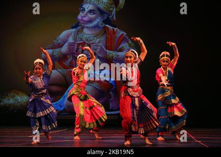 Students from the Nritya Kala Mandir School of Indian Classical Dance perform a Bharatnatyam dance honouring Lord Hanuman during the Nrityotsava dance extravaganza in Toronto, Ontario, Canada, on September 8, 2018. Nrityotsava offered students an opportunity to showcase their talents while embracing their culture and heritage. (Photo by Creative Touch Imaging Ltd./NurPhoto) Stock Photo